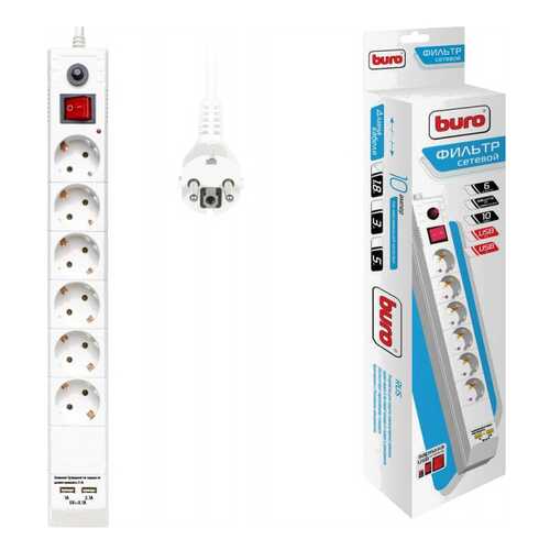 Сетевой фильтр BURO BU-SP1,8_USB_2A-W, 6 розеток, 1,8 м, White в Технопарк